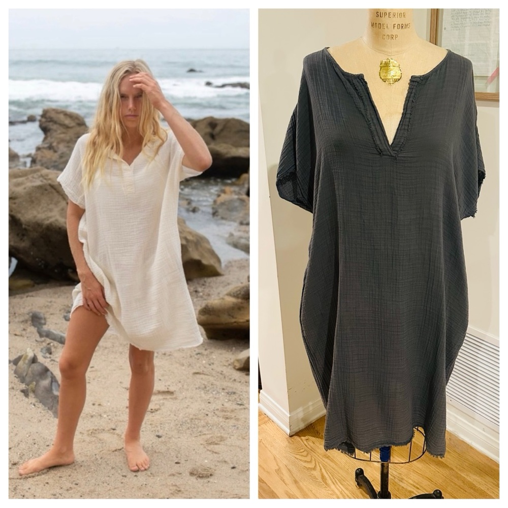 Go Gently Nation Gauze Cotton Caftan - Tunic - Dress - Cover-Up Charcoal, Sz Med
